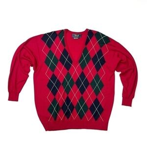 Pringle of Scotland Men’s Large Argyle Sweater Lambswool Red Navy Blue Green EUC